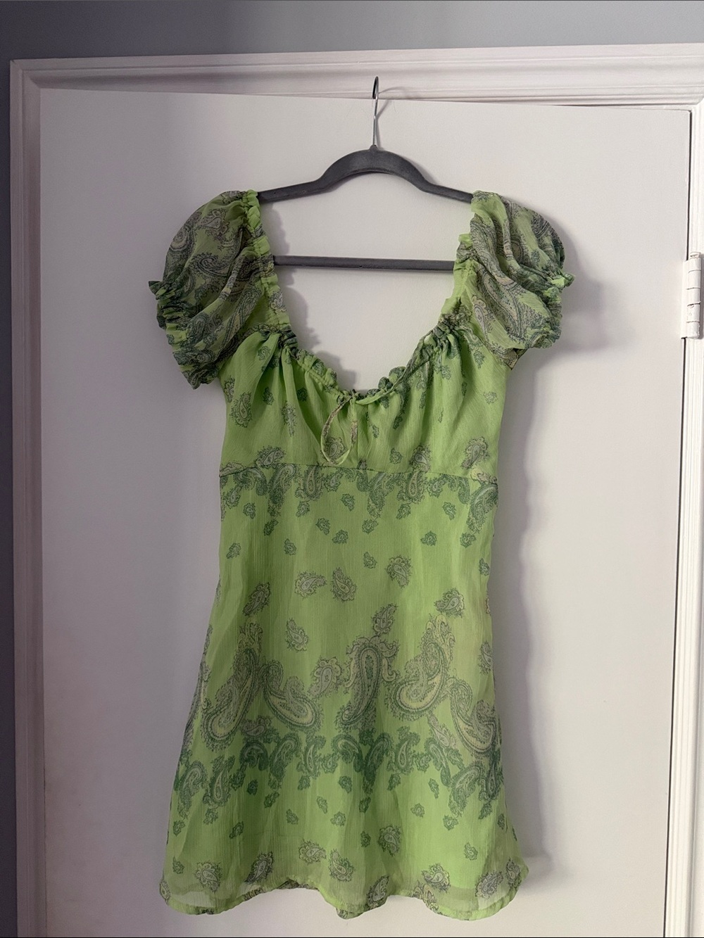 Urban Outfitters Green Paisley Puff Sleeve Mini Dress